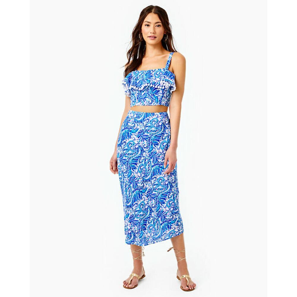 Lilly Pulitzer Gretna Skirt Set 2-pc Baha Blue Linen‎ Pompom Sleeveless Sz 0